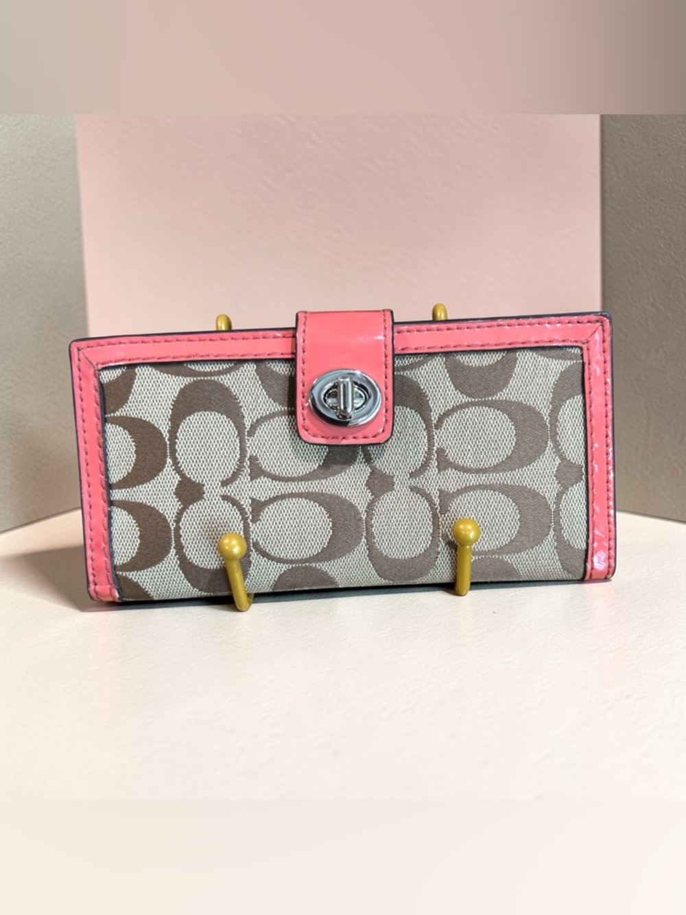 Coach Signature Canvas Wallet with Pink Trim